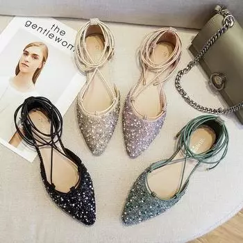 Женские босоножки с острым носком Bling Pearl, летние туфли на плоской подошве с вырезами, женские босоножки с блестками и каблуками, большие размеры 34-43 4.5 абрикосовый