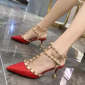 Женские босоножки с острым носком, дизайнерские женские роскошные сексуальные босоножки с заклепками, женские босоножки на высоком каблуке 6 8 10 см, свадебные туфли для женщин 34 красный