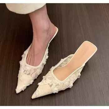 Женские босоножки с открытым каблуком в сеточку с цветочным принтом, сексуальные дизайнерские туфли на высоком каблуке с острым носком, туфли-лодочки на шпильках, женские сандалии 35 бежевый