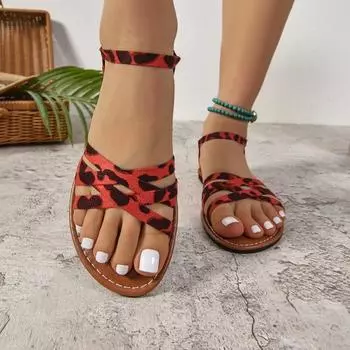 Женские босоножки с открытым носком Новые леопардовые туфли из искусственной кожи без застежек Женские летние туфли для вечеринок на открытом воздухе Туфли без застежек на плоской подошве 36