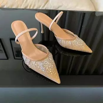 Женские босоножки с пайетками 2024 года, летняя мода, сетчатые босоножки со стразами, элегантные женские туфли-лодочки с острым носком для вечеринок 35
