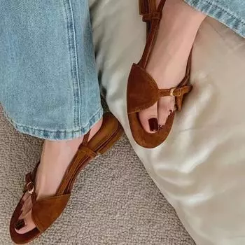 Женские босоножки с пряжкой на поясе и полым каблуком, слипоны, лето 2024, новые распродажи, модные повседневные женские босоножки из матовой замши с открытым носком 35 коричневый