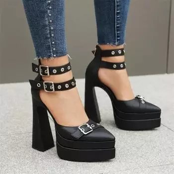 Женские босоножки с пряжкой на поясе, острым носком и толстой подошвой, однотонные туфли-лодочки на молнии, новая мода в стиле панк-стрит, сексуальная женская обувь 35 чёрный