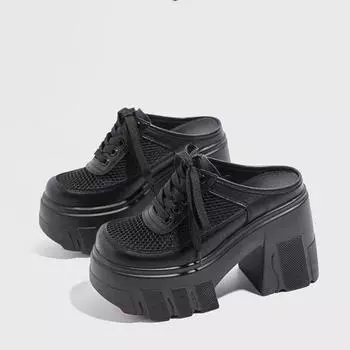 Женские босоножки с толстой подошвой, осенние, новые, с круглым носком, сетчатые, полые, дышащие, со шнуровкой, на высоком каблуке, тапочки 34 чёрный