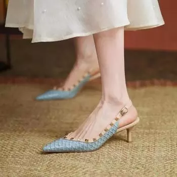 Женские босоножки с заклепками и острым носком, туфли-лодочки из лакированной кожи на среднем каблуке, синие, с узором из змеиной кожи, слипоны, женские босоножки 39