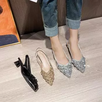 Женские босоножки с закрытым каблуком и острым носком, украшенные французскими стразами, 2024 г., большие размеры 41-43 38 серебряный