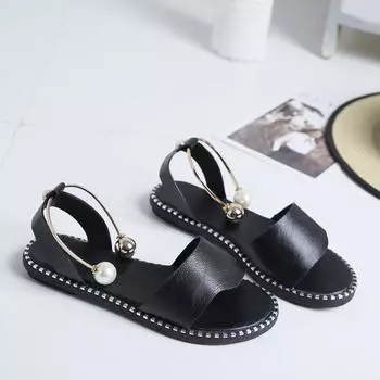 Женские босоножки с жемчужной отделкой, тапочки, женские босоножки на плоской подошве, босоножки с ремешком на щиколотке и декором из искусственного жемчуга, туфли с открытой пяткой, новинка 2024 г. 35 бежевый