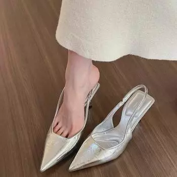 Женские босоножки серебристого цвета на шпильке и среднем каблуке весна/лето 2024 г. 39 серебряный