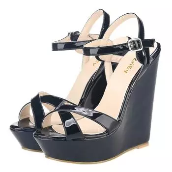 Женские босоножки сексуальные с открытым носком и ремешком на щиколотке на платформе и танкетке 14 см, очень высокие каблуки-гладиаторы с пряжкой, элегантные летние туфли 35 чёрный