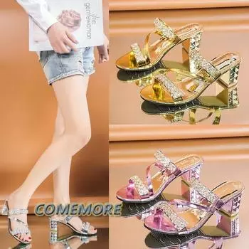 Женские босоножки со стразами и блестками, туфли на платформе для вечеринки и свадьбы, летние туфли на танкетке со средним каблуком и формой «рыбьего рта», большие размеры 35 серебряный