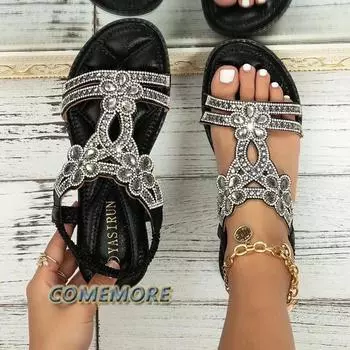 Женские босоножки со стразами и цветочным принтом, с открытым носком, с эластичным ремешком на щиколотке, на танкетке, женская обувь, модные сексуальные босоножки для пляжной вечеринки, для леди 35 чёрный