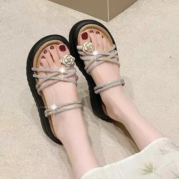 Женские босоножки со стразами, женские тапочки с мягкой подошвой, летние туфли в стиле ретро с цветочным принтом, шлепанцы в корейском стиле с круглым носком и открытым носком 35 белый
