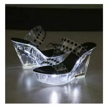 Женские босоножки со светодиодной подсветкой и стразами на танкетке 10 см для ночного клуба, светящаяся подиумная обувь для танцев на пилоне, хрустальная подошва LFD-1101-28 35 серебряный