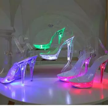 Женские босоножки со светодиодной подсветкой, пикантные пикантные светящиеся босоножки на шпильке на очень высоком каблуке, прозрачные свадебные туфли. ЛФД-1099-Ф 34 белый