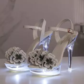 Женские босоножки со светодиодной подсветкой, прозрачные босоножки со светящимися цветками на каблуке, универсальные пикантные пикантные туфли на высоком каблуке-шпильке 13 см LFD-1099-V2 38