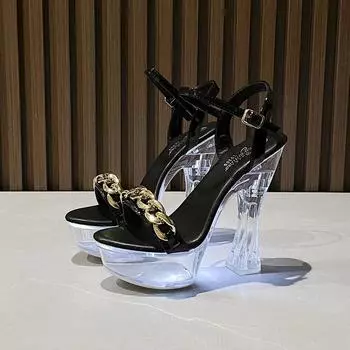Женские босоножки со светодиодной подсветкой, прозрачный каблук 14 см, лакированная металлическая пряжка, светящиеся водонепроницаемые босоножки на платформе на высоком каблуке LFD-10365-61 34