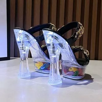 Женские босоножки со светодиодной подсветкой, прозрачный каблук 14 см, светящаяся металлическая пряжка, непромокаемые тапочки на высоком каблуке, LFD-10365-20 35