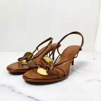 Женские босоножки TRAF коричневого цвета с металлическими украшениями на каблуках, летние женские туфли с круглым носком и открытым носком на высоком каблуке, элегантные женские туфли на шпильках 36