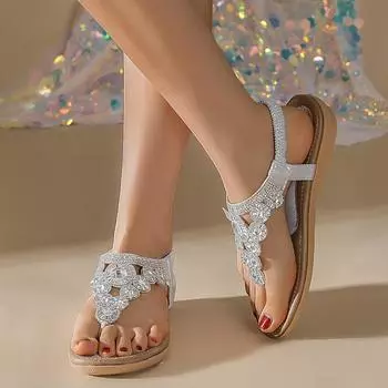 Женские босоножки в богемном стиле с цветами и бусинами, крутые шлепанцы, маленький ароматный ветер, большой размер, пляжная обувь, женские сандалии на плоской подошве 36 серебряный