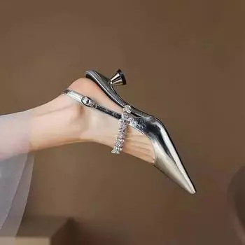 Женские босоножки, женские сексуальные туфли на высоком каблуке со стразами и пряжкой, женская повседневная обувь, золотисто-серебристый трендовый летний каблук-лодочка 2024 года 34 серебряный