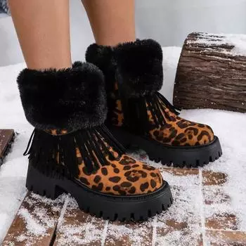 Женские ботильоны 2024 года, модные зимние туфли из замши с леопардовым принтом и боковой молнией для женщин, плюшевые винтажные короткие зимние ботинки на толстом каблуке 35