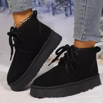 Женские ботильоны 2024 года, новый кружевной дизайн, женские зимние ботинки на толстой подошве, плюшевые теплые зимние повседневные прогулочные ботинки без застежек для женщин 35 чёрный