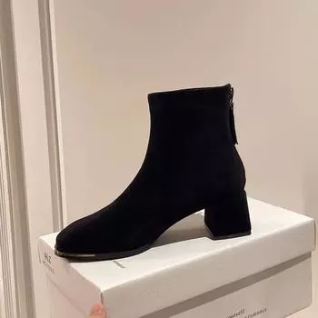 Женские ботильоны 2024 года, осень и зима, новые эластичные ботинки с квадратным носком и толстым каблуком, женские кожаные ботинки, все короткие 35 чёрный