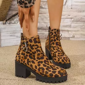 Женские ботильоны 2024 года, осенняя женская обувь с заостренной молнией, лаконичные ботинки «Челси» на толстом каблуке, женские удобные модные ботинки для активного отдыха 35 цветной печати леопарда