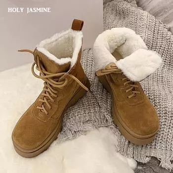 Женские ботильоны 2024 года, зимние теплые ботинки для снега, ботинки на платформе со шнуровкой, танкетки, замшевые туфли из коровьей кожи, повседневная женская обувь для отдыха 34 чёрный