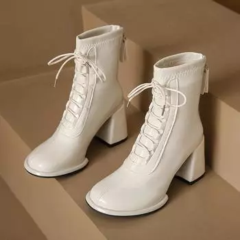 Женские ботильоны 2024 осень-зима на высоком каблуке со шнуровкой модные ботинки с круглым носком короткие ботинки черные бежевые ботинки челси 34 бежевый