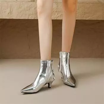 Женские ботильоны, ботинки металлик с острым носком, короткие сапоги на тонком высоком каблуке на молнии, женская модная обувь, зимняя серебряная обувь Glod 46 33 чёрный