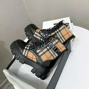 Женские ботильоны Британский стиль Мода Клетчатые сшивающие платформу Ботинки Женские роскошные дизайнерские туфли 35 чёрный