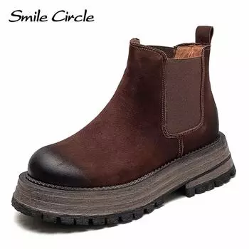 Женские ботильоны «Челси» из натуральной кожи с круглым носком на платформе, модные повседневные ботинки на толстой подошве 36 коричневый