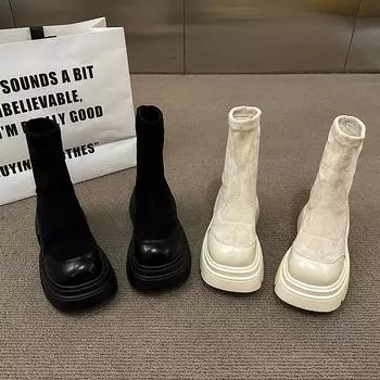 Женские ботильоны «Челси» на низком каблуке, осенние ботинки, боевые ботинки с квадратным носком, женские ботинки на платформе, ботильоны на массивном блочном каблуке 35 бежевый