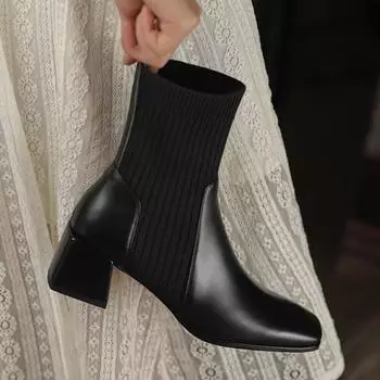 Женские ботильоны, черная кожаная обувь, короткие туфли для женщин, элегантные, на среднем каблуке, носки, ботильоны, весна-осень, водонепроницаемые 35