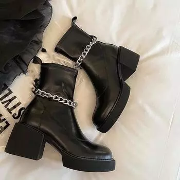 Женские ботильоны, черные короткие туфли для женщин, элегантные ботильоны на платформе со средним каблуком, обувь в стиле панк, массивная армейская обувь из искусственной кожи 35