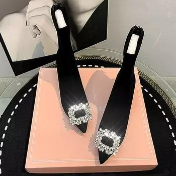 Женские ботильоны, черные туфли для вечеринок на высоком каблуке, ботинки челси со стразами и кристаллами, женские осенние короткие сапоги с острым носком, размер женской осенней обуви 36