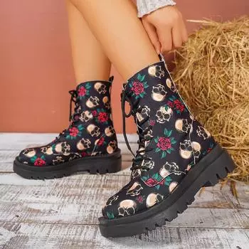 Женские ботильоны Combat на шнуровке с рифленой подошвой и толстой платформой, ботинки с круглым носком, ботинки до середины голени для женщин, осень-зима, ботильоны Combat без застежек 35