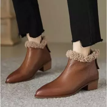 Женские ботильоны для снега, элегантные, с острым носком, теплые, короткие, плюшевые, на среднем каблуке, женские, зимние, новые, 2025, трендовые, модные, ботинки Челси 35 чёрный