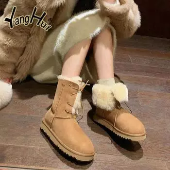 Женские ботильоны для снега в ретро-британском стиле с бархатом, сохраняющие тепло, нескользящие уличные ботинки на платформе для женщин, новинка 2024 года, зима 35 хаки