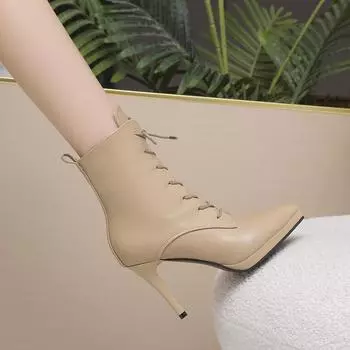 Женские ботильоны из искусственной кожи, высокие туфли с острым носком, винтажные зимние женские короткие ботинки на шнуровке, сексуальные ботинки на тонком каблуке для вечеринок, женские 34 чёрный