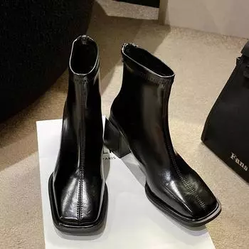 Женские ботильоны из кожи на высоком каблуке, модные туфли в стиле панк с квадратным носком, женские трендовые туфли на осенней подошве, зимние туфли-лодочки 35