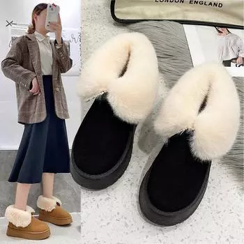 Женские ботильоны из микрозамши из искусственного меха на флисовой подкладке. Уютные зимние ботинки высокой плотности, дышащая теплая обувь на нескользящей подошве для женщин. 36 чёрный