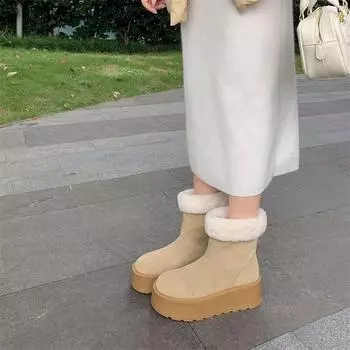 Женские ботильоны из натуральной кожи, шерстяные зимние ботинки на высоком каблуке с круглым носком и плоской платформой, женская модная обувь, зима 40 33 миндальный