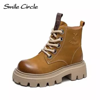 Женские ботильоны из натуральной кожи на массивном каблуке, высокие ботинки на шнуровке и толстой подошве, повседневные женские мотоциклетные ботинки в стиле ретро