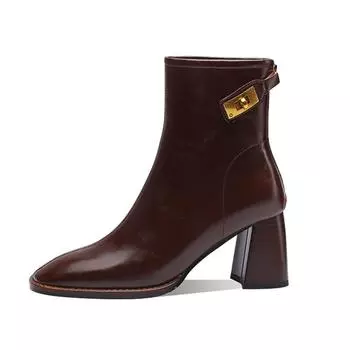 Женские ботильоны из натуральной кожи, весенне-осенние короткие ботинки с пряжкой на высоком каблуке и квадратным носком в стиле ретро 34 чёрный