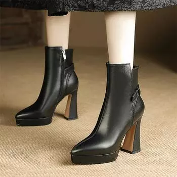 Женские ботильоны из натуральной кожи с острым носком на платформе, короткие ботинки на толстом высоком каблуке и молнии, женская модная обувь, зима 40 34 чёрный