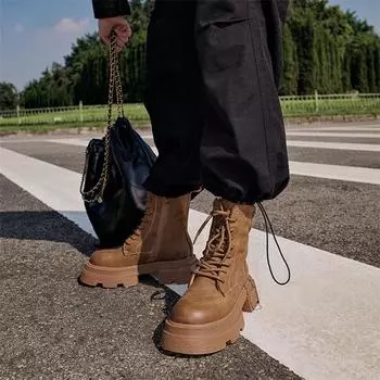 Женские ботильоны из натуральной кожи, армейские ботинки с круглым носком на платформе и толстом среднем каблуке на молнии и шнуровке, зимняя женская обувь 35 коричневый