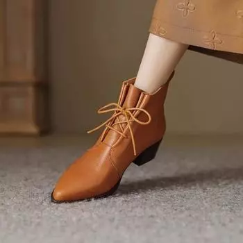 Женские ботильоны из натуральной кожи, зимние, новые, модные, с острым носком, на шнуровке, на плоской подошве, для женщин, повседневные, в стиле ретро, швейные туфли 35 коричневый