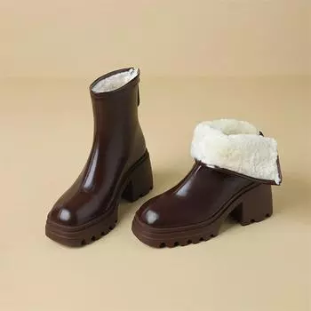 Женские ботильоны из натуральной кожи с круглым носком на толстом высоком каблуке и молнии на платформе, шерстяные короткие ботинки, женская модная обувь, зимняя обувь 34 коричневый